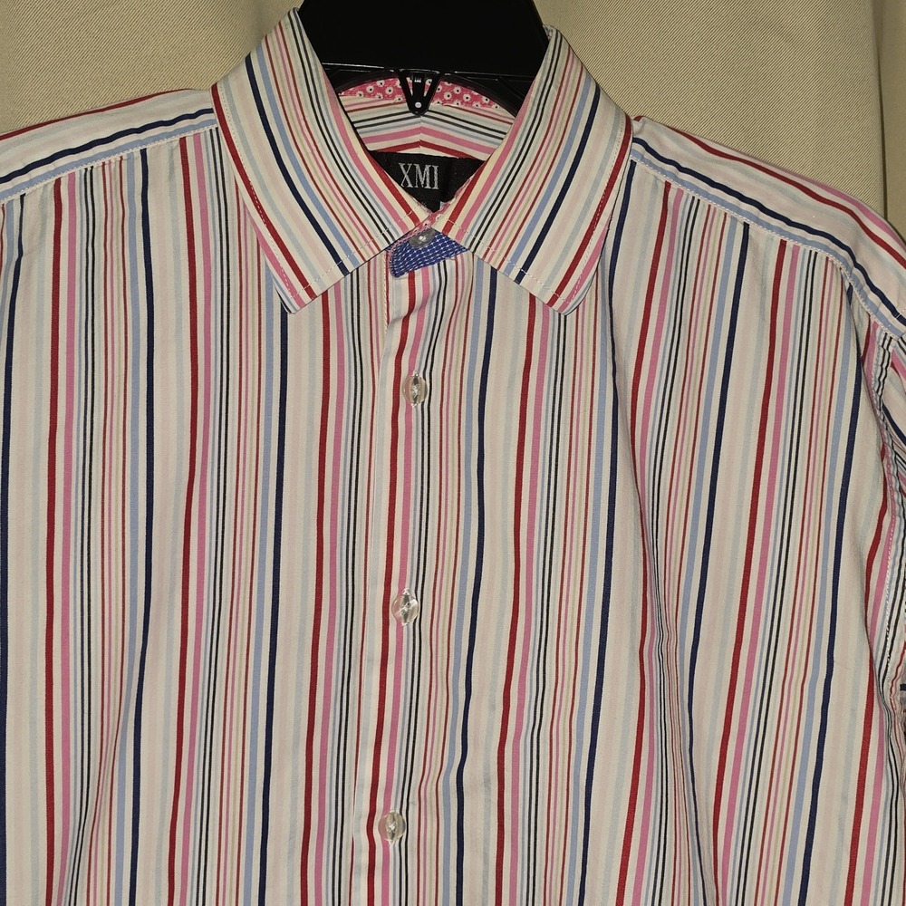 XMI Men's LS Shirt Multi‎ Color Stripe Flip Cuffs Designer Sharp Medium EUC